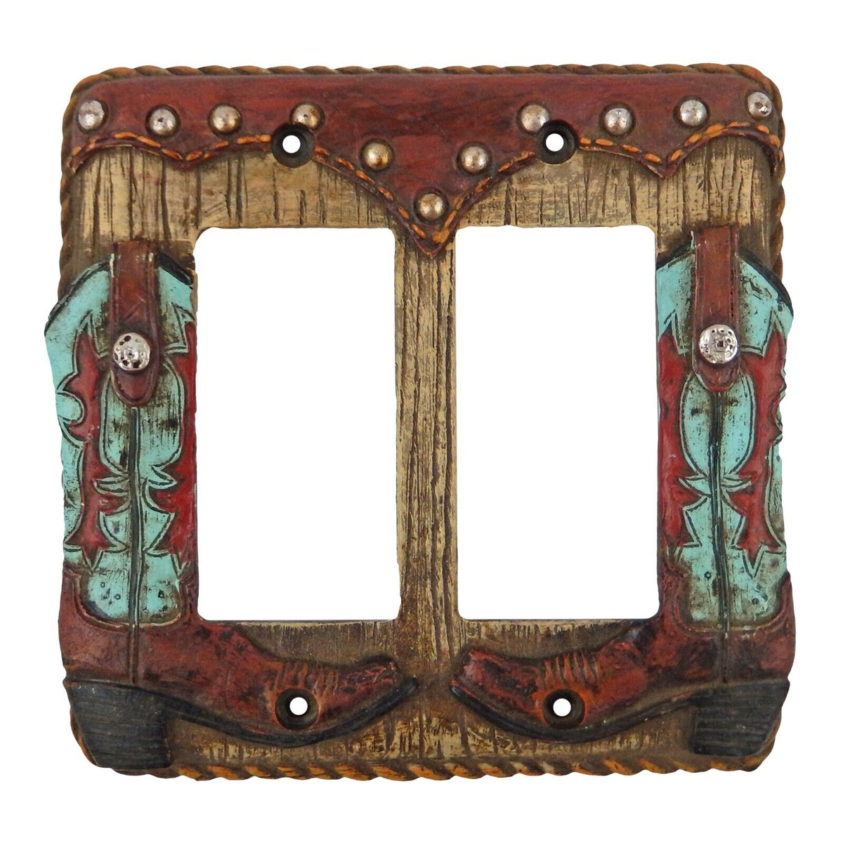 Turquoise Western Boots Wall Plate Cover Double Rocker Switch Rope Accent