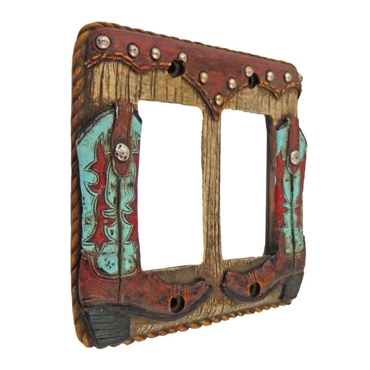 Turquoise Western Boots Wall Plate Cover Double Rocker Switch Rope Accent