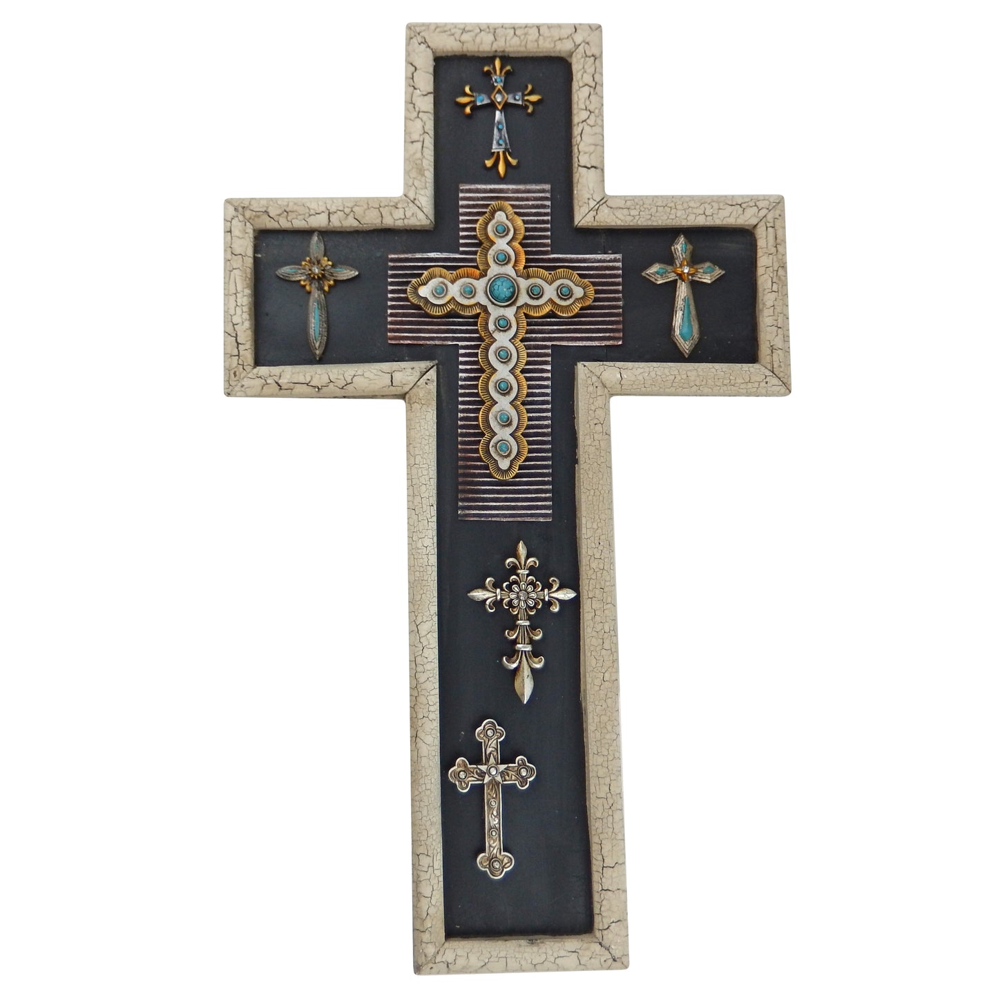 Collage Decorative Wall Cross Turquoise Wooden Body Silver Crosses 20 inch
