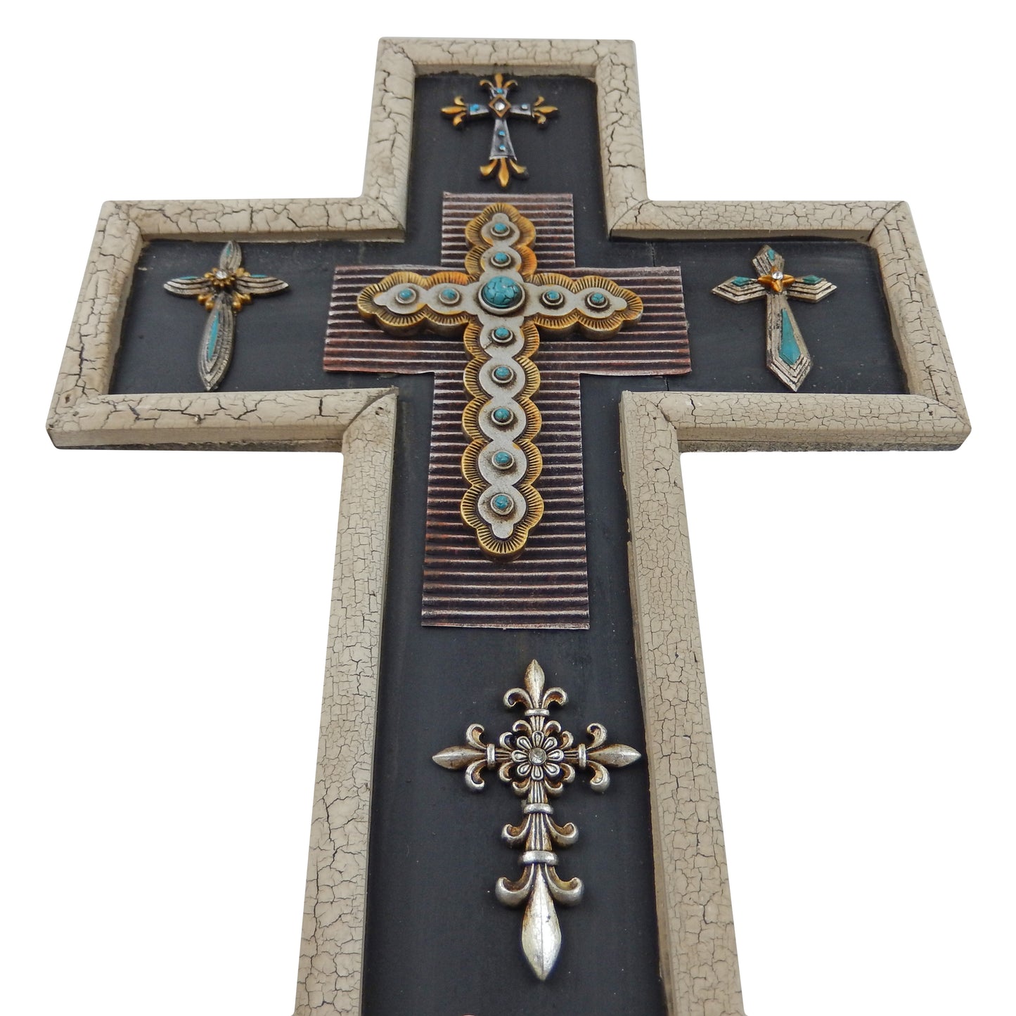 Collage Decorative Wall Cross Turquoise Wooden Body Silver Crosses 20 inch
