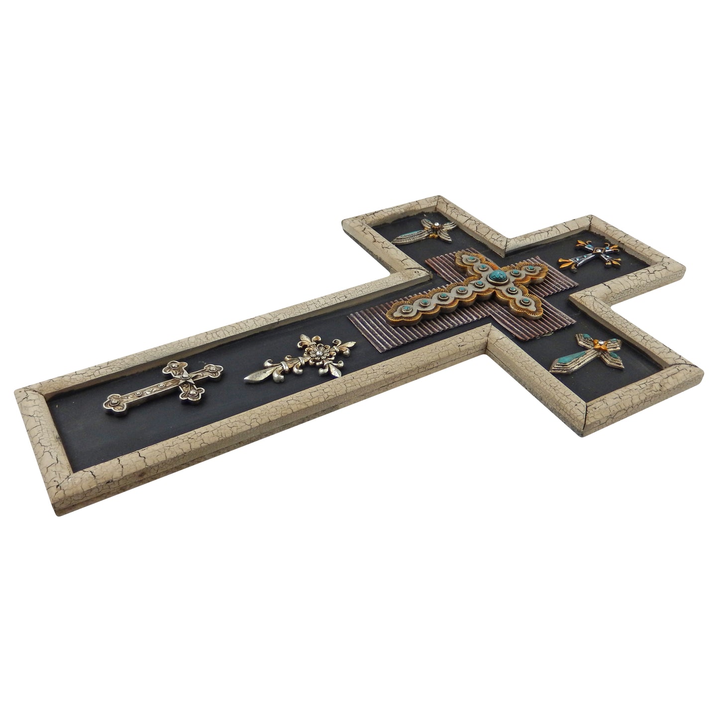 Collage Decorative Wall Cross Turquoise Wooden Body Silver Crosses 20 inch
