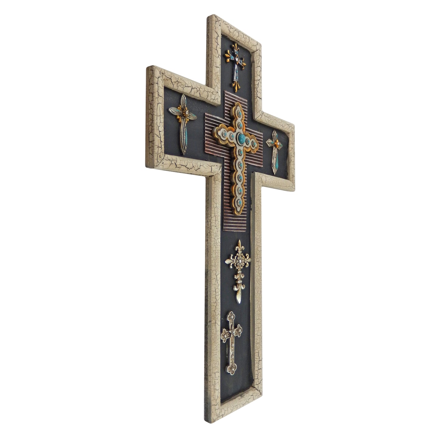 Collage Decorative Wall Cross Turquoise Wooden Body Silver Crosses 20 inch