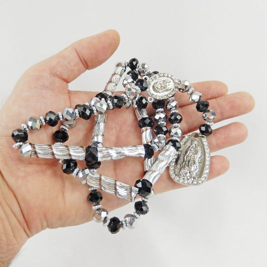 Virgen Mary Christ Pendant Praying Rosary Black And Silver Beads White Stones