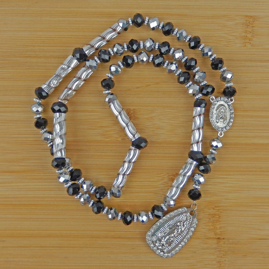 Virgen Mary Christ Pendant Praying Rosary Black And Silver Beads White Stones