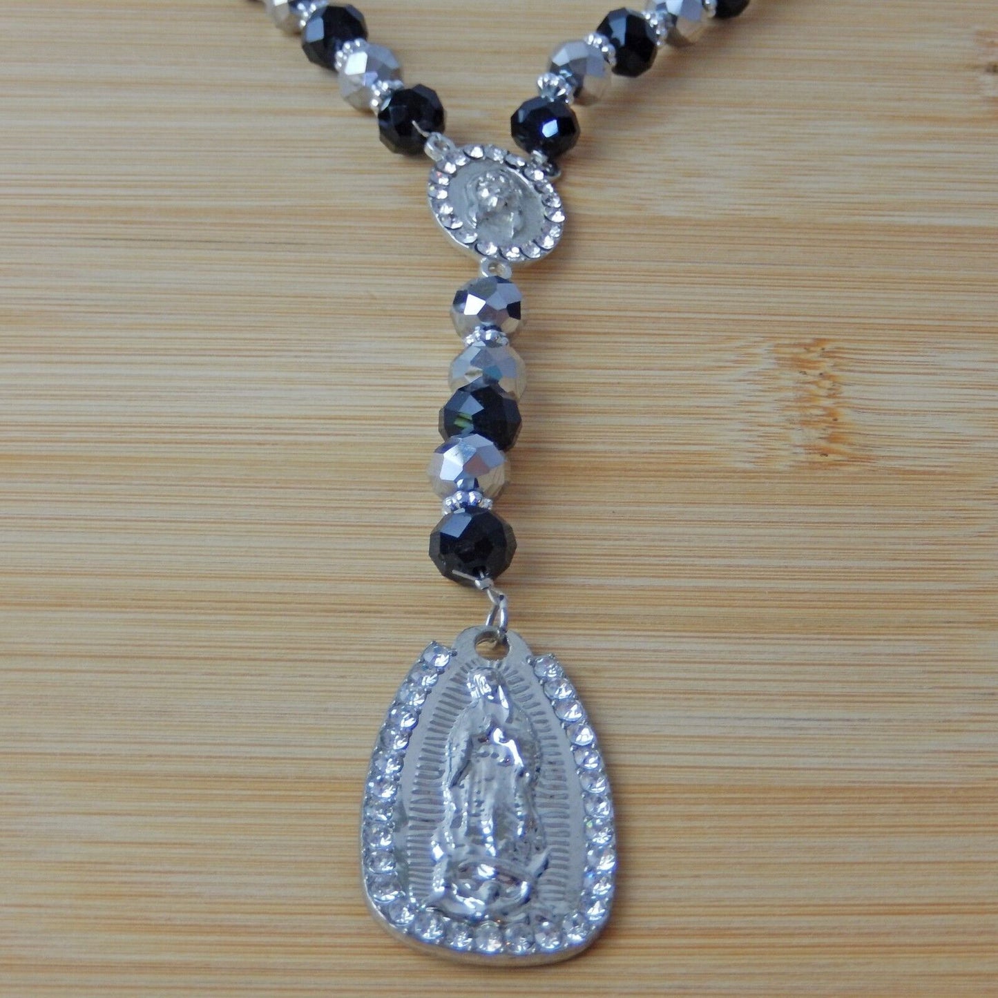 Virgen Mary Christ Pendant Praying Rosary Black And Silver Beads White Stones