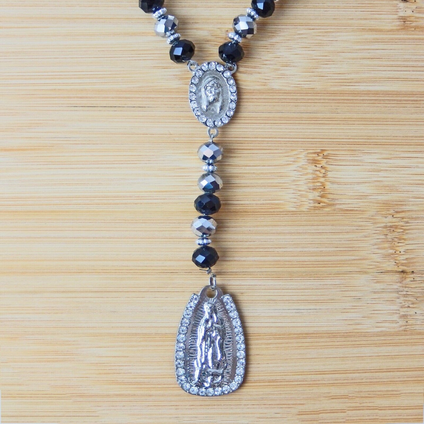 Virgen Mary Christ Pendant Praying Rosary Black And Silver Beads White Stones