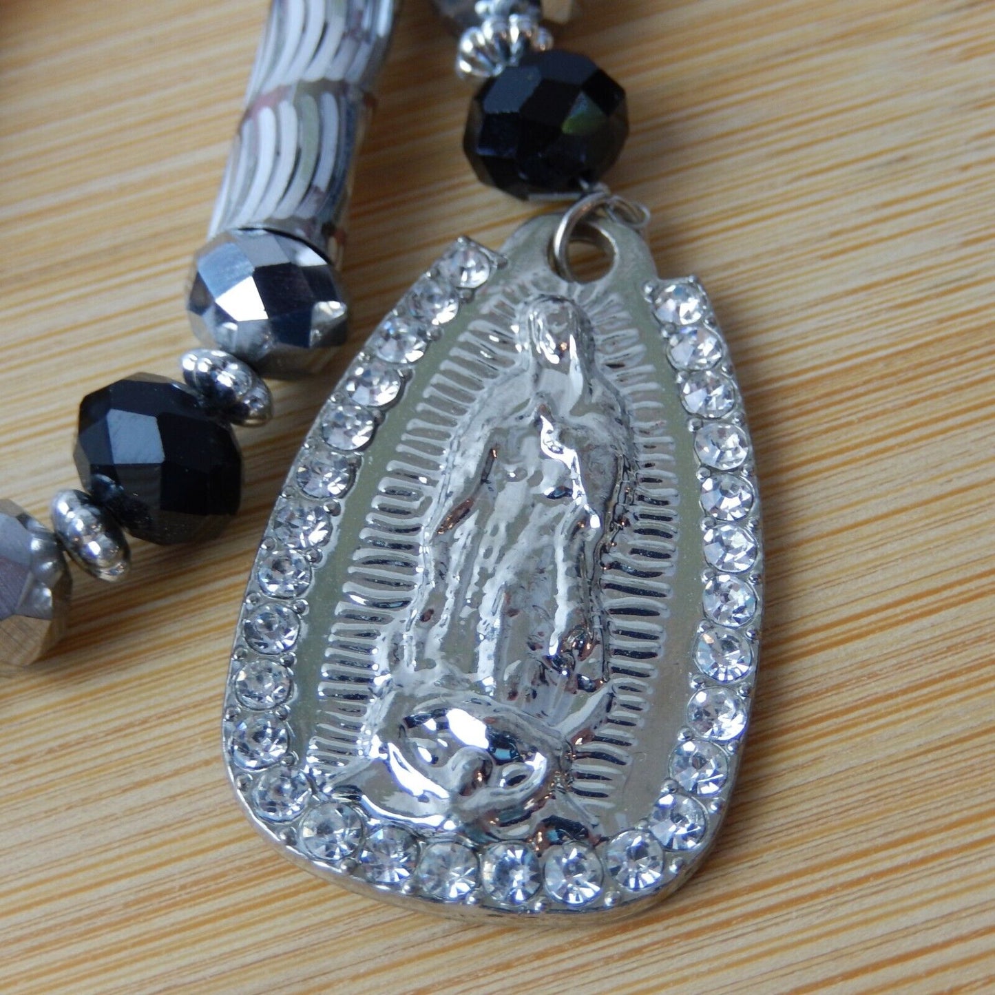 Virgen Mary Christ Pendant Praying Rosary Black And Silver Beads White Stones