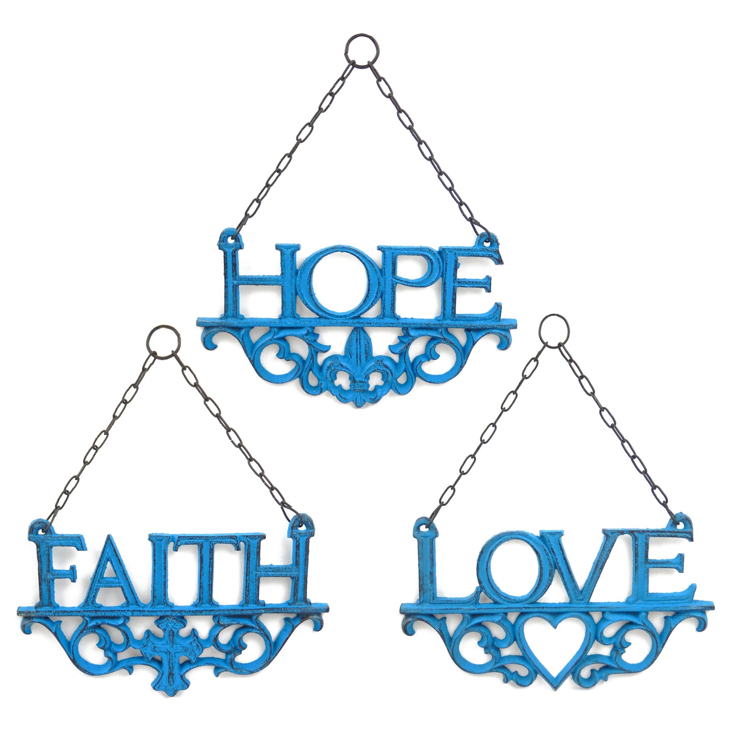 Cast Iron Hope Faith Love Wall Decor 3Pc Set Heart Cross Fleur De Lis Turquoise