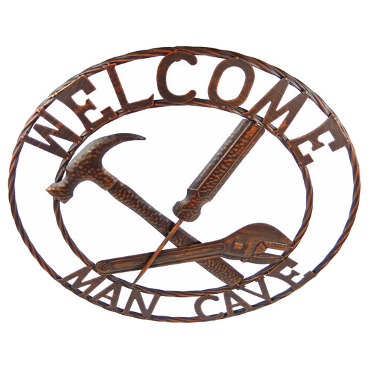 Metal Man Cave Welcome Wall Decor Wrench Hammer Screwdriver Mechanic Garage Brown 24 inch