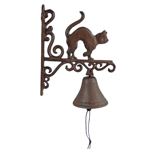 Cast Iron Cat Scrolls Porch Dinner Bell Wall or Post Mounted Antique Style Brown