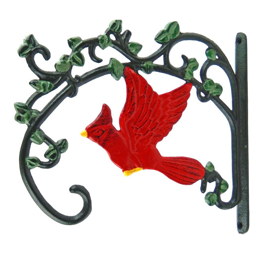 Cast Iron Red Cardinal Bird Plant Hanger Bracket Hook Vines Scrolls Green 10.5"