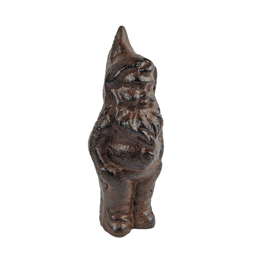 Small Cast Iron Garden Gnome Figurine Shelf Sitter Rustic Brown Patina 5 in Tall