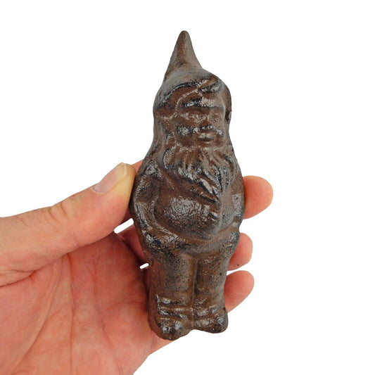 Small Cast Iron Garden Gnome Figurine Shelf Sitter Rustic Brown Patina 5 in Tall