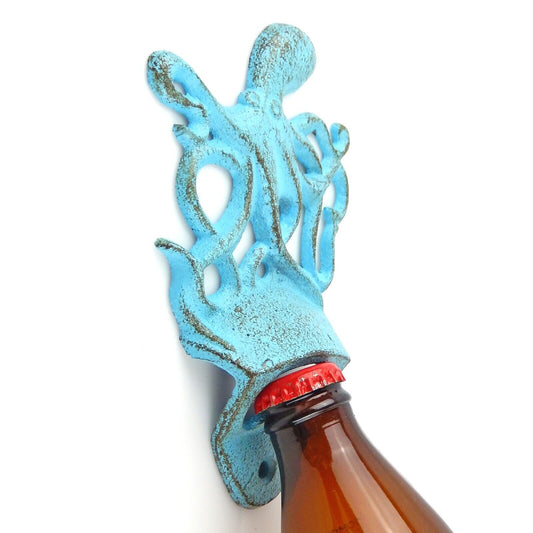 Cast Iron Octopus Beer Soda Bottle Opener Wall Mount Nautical Rustic Blue Finish