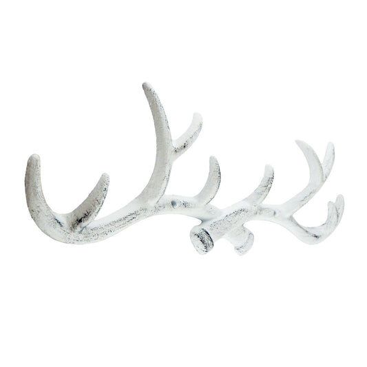 Cast Iron Antler Wall Hook Rack Key Towel Coat Hanger Rustic White 14.5 in