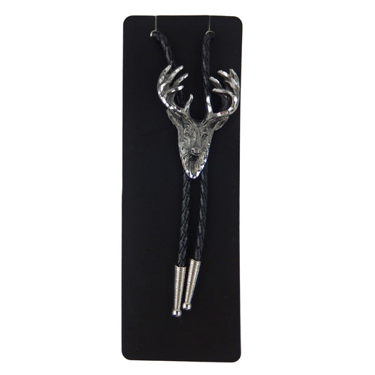Stag Bolo Tie Buck Deer Antler Adjustable 36" Cord USA Made Western Silver Tone