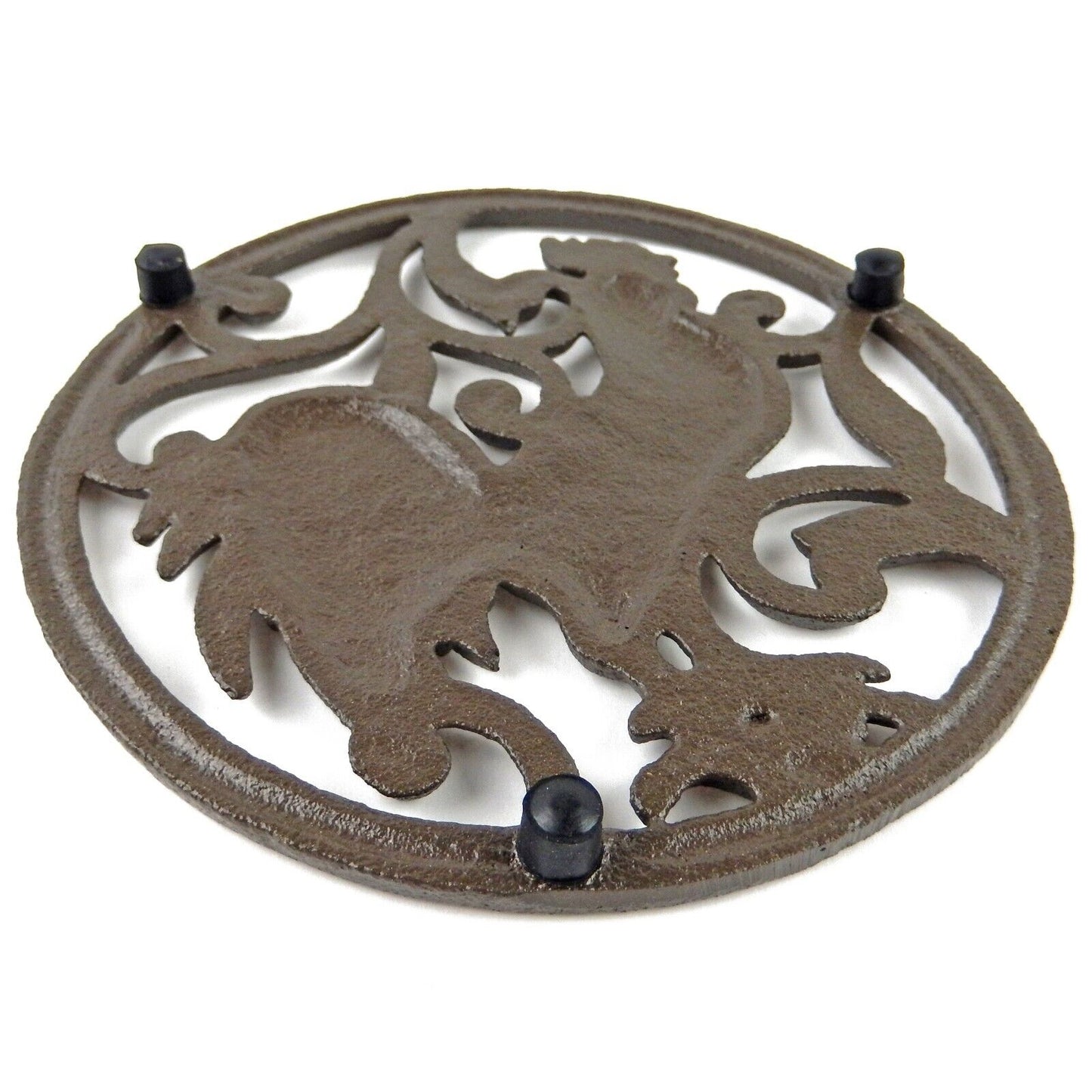 Cast Iron Rooster Scrolls Trivet Hot Pot Plate Holder Antique Brown 7 1/4 inch
