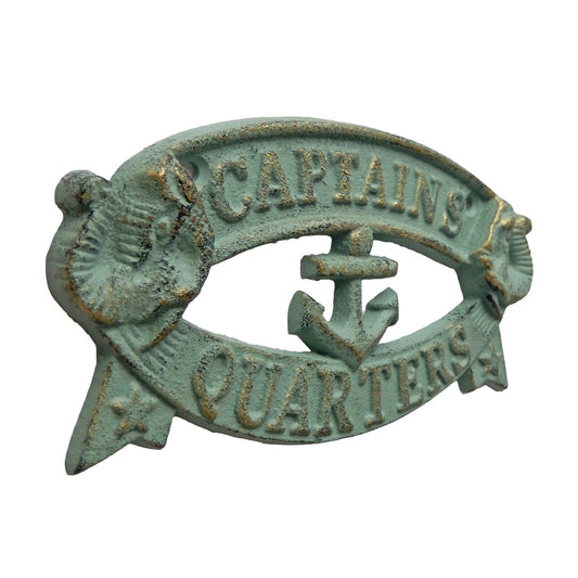 Cast Iron Captains Quarters Marker Nautical Beach Wall Decor Sign Green Gold