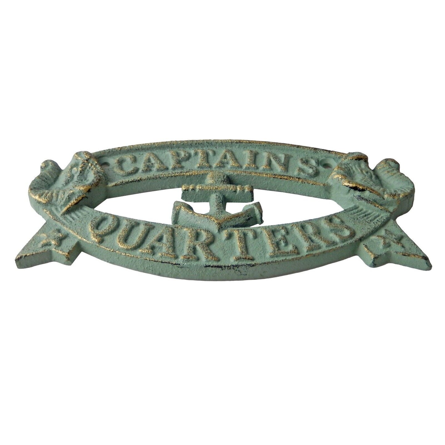 Cast Iron Captains Quarters Marker Nautical Beach Wall Decor Sign Green Gold
