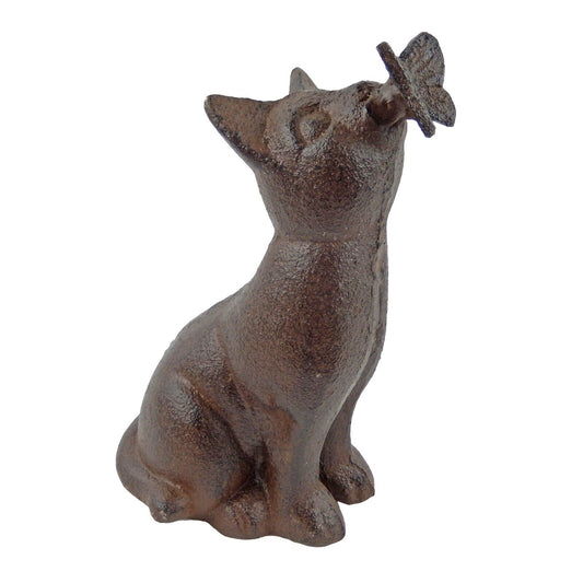 Cast Iron Cat With Butterfly on Nose Figurine Statue Shelf Decor Sitter 5.75 in