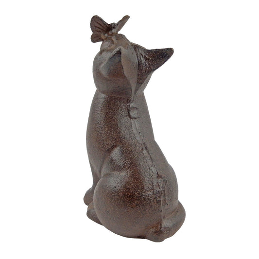 Cast Iron Cat With Butterfly on Nose Figurine Statue Shelf Decor Sitter 5.75 in