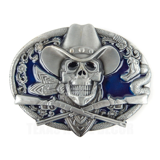 Dead Cowboy Belt Buckle Skull Guns Rattlesnake Blue Enamel Fits 1.5" Belts