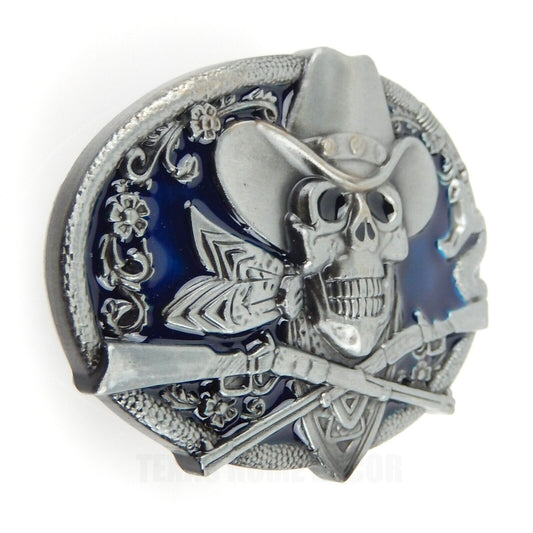 Dead Cowboy Belt Buckle Skull Guns Rattlesnake Blue Enamel Fits 1.5" Belts