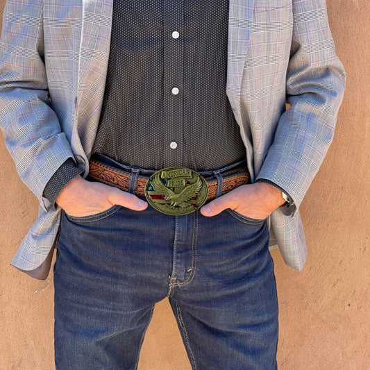 American Pride Flag Eagle Belt Buckle Enamel Color Antique Bronze Fits 1.5" Belt