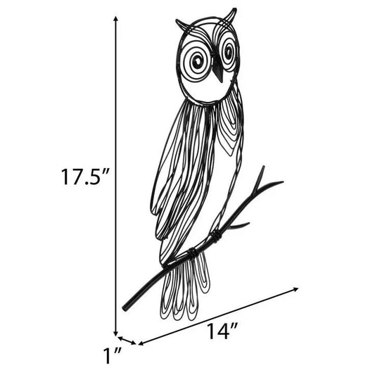 Black Metal Owl Perched On Branch Scrolls Wall Decor Light Weight 17.5 in Tall