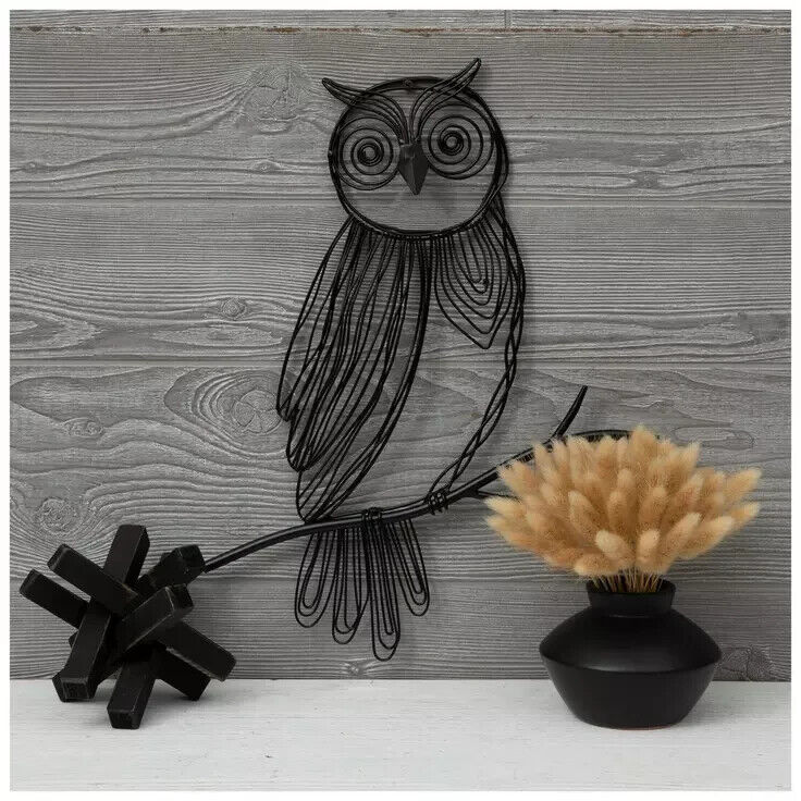 Black Metal Owl Perched On Branch Scrolls Wall Decor Light Weight 17.5 in Tall