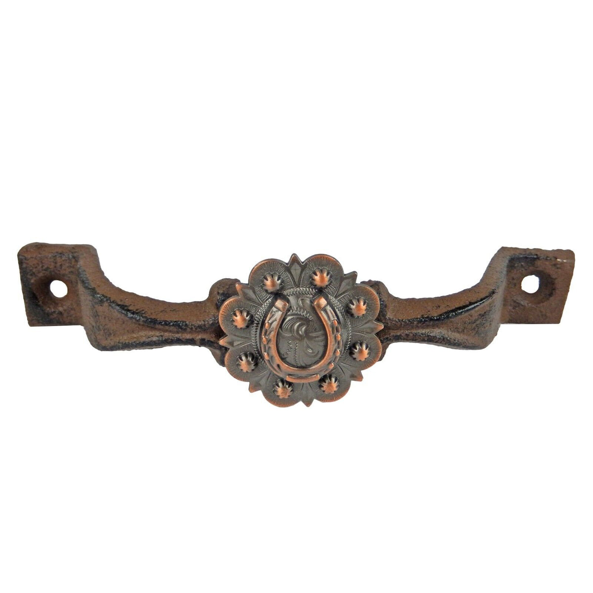 Rustic Cast Iron Horseshoe Door Handle Drawer Pull Floral Copper Concho 6 inch
