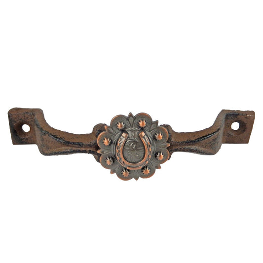 Rustic Cast Iron Horseshoe Door Handle Drawer Pull Floral Copper Concho 6 inch