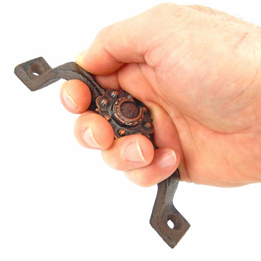 Rustic Cast Iron Horseshoe Door Handle Drawer Pull Floral Copper Concho 6 inch