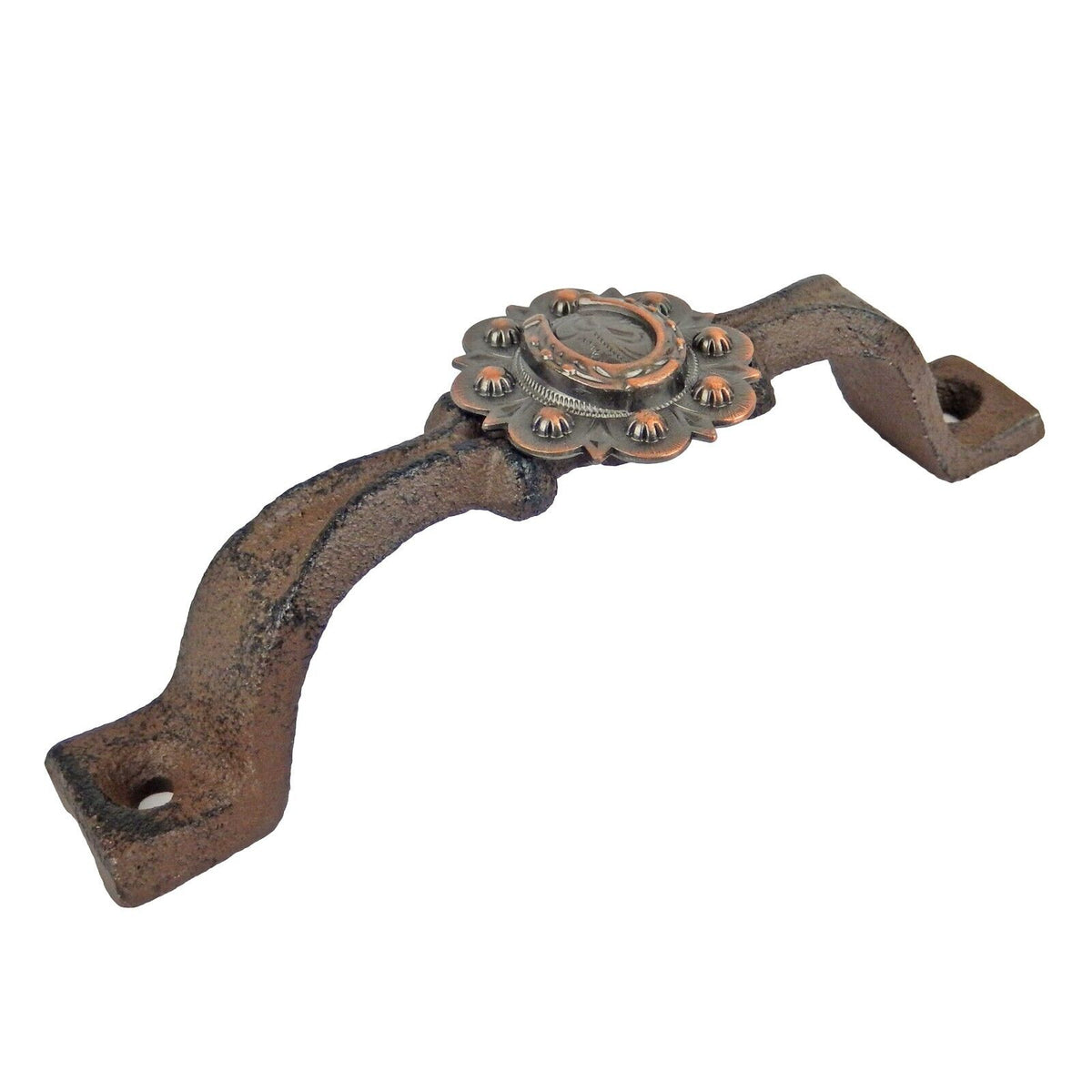 Rustic Cast Iron Horseshoe Door Handle Drawer Pull Floral Copper Concho 6 inch