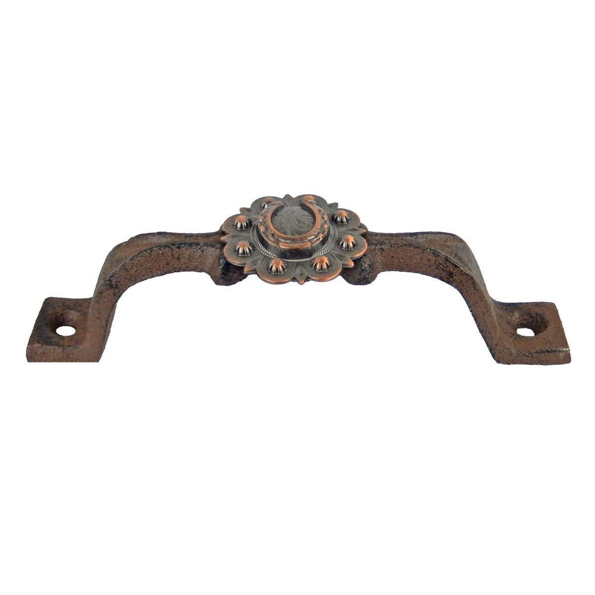 Rustic Cast Iron Horseshoe Door Handle Drawer Pull Floral Copper Concho 6 inch