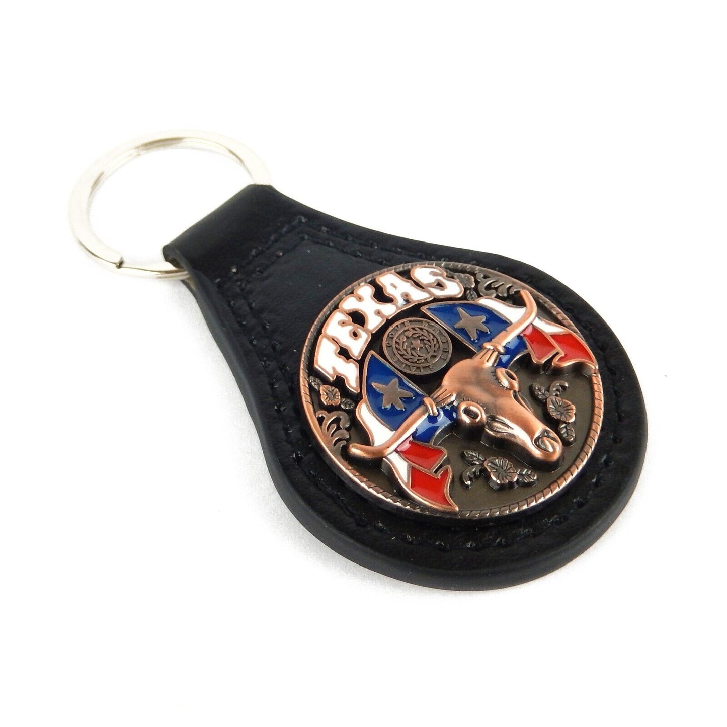 Black Leather Keychain Ring Texas Longhorn Flag Star Copper Concho Color Enamel