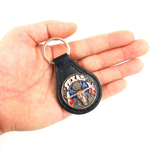 Black Leather Keychain Ring Texas Longhorn Flag Star Copper Concho Color Enamel