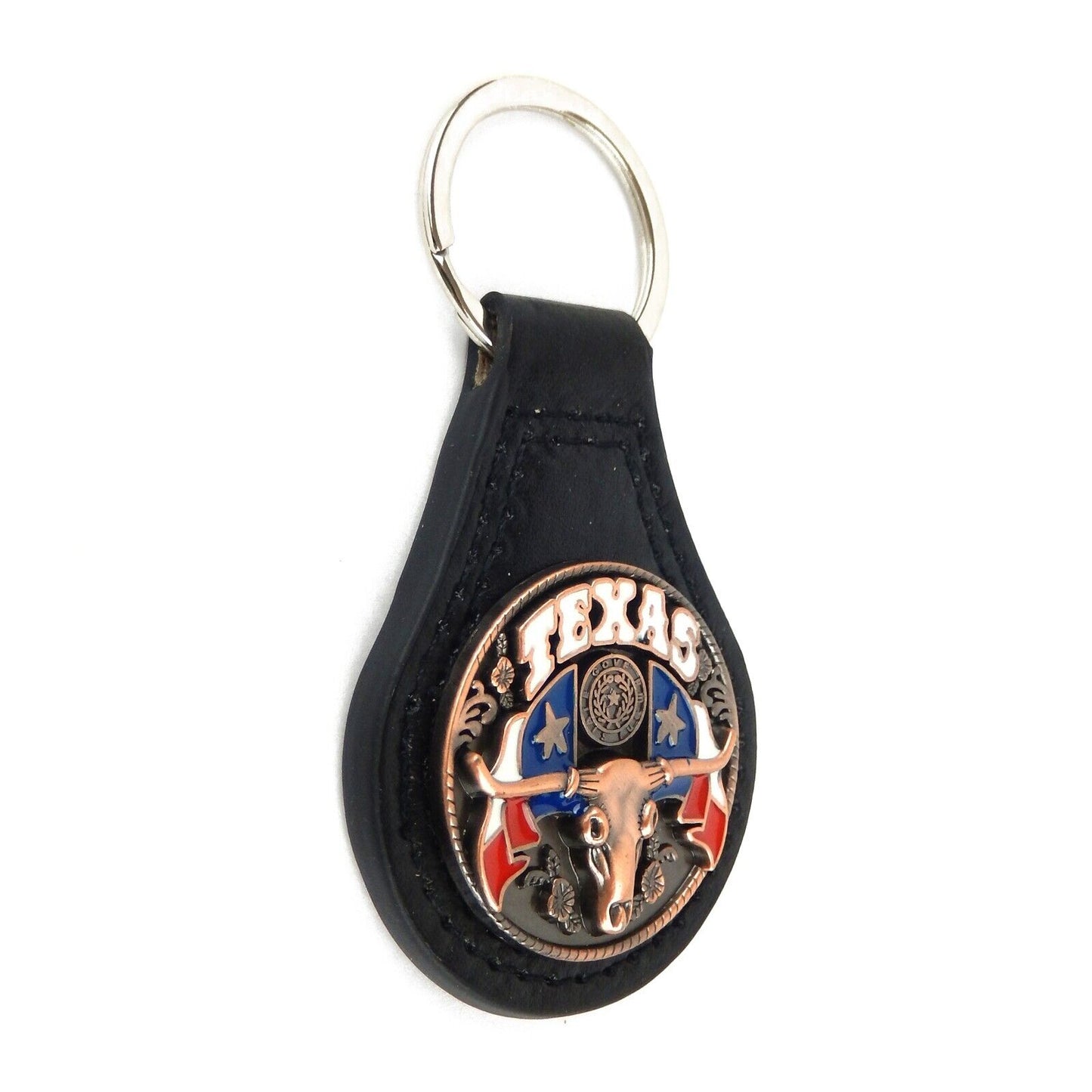 Black Leather Keychain Ring Texas Longhorn Flag Star Copper Concho Color Enamel
