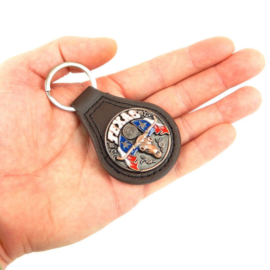 Brown Leather Keychain Ring Copper Texas Longhorn Flag Star Concho Color Enamel