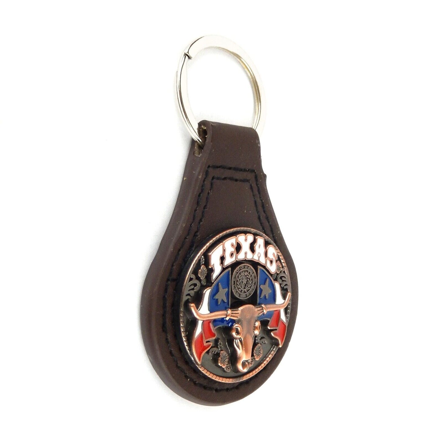 Brown Leather Keychain Ring Copper Texas Longhorn Flag Star Concho Color Enamel