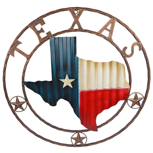 Wavy Metal Texas Map Flag Wall Decor Sign Round Rope Rings With Stars 24 inch