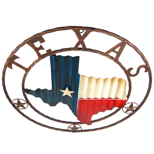 Wavy Metal Texas Map Flag Wall Decor Sign Round Rope Rings With Stars 24 inch