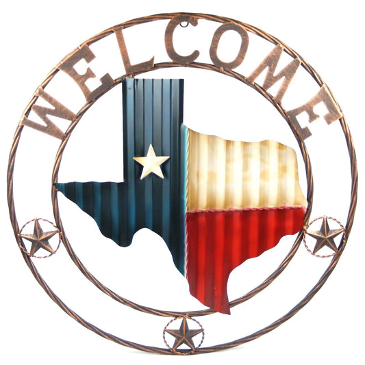 Wavy Metal Texas Map Flag Welcome Wall Decor Sign Rope Rings With Stars 24 inch
