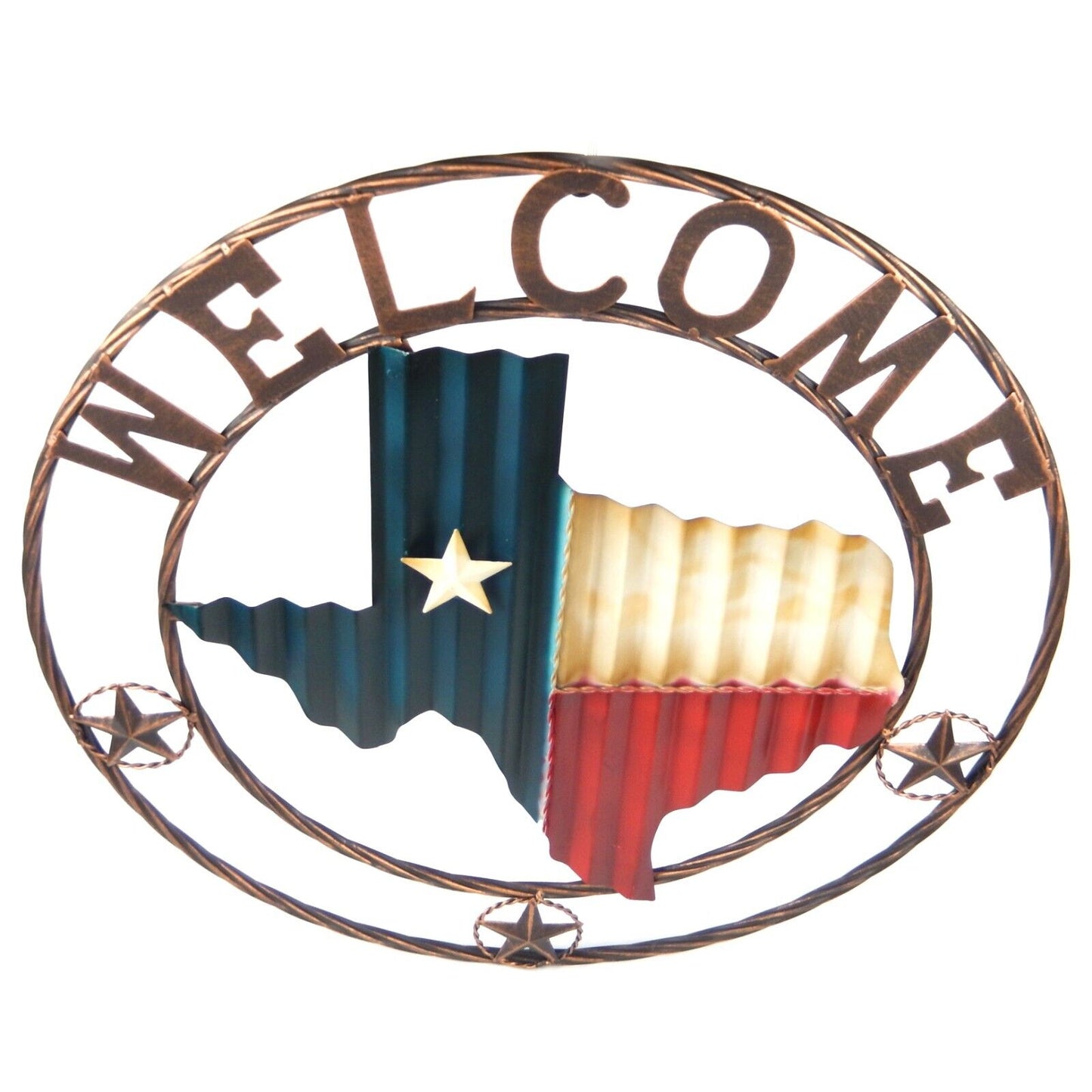 Wavy Metal Texas Map Flag Welcome Wall Decor Sign Rope Rings With Stars 24 inch