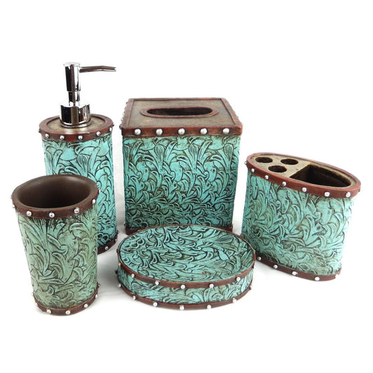 Turquoise Floral Studs Bathroom Accessory Set 5 Pieces Rustic Western Decor