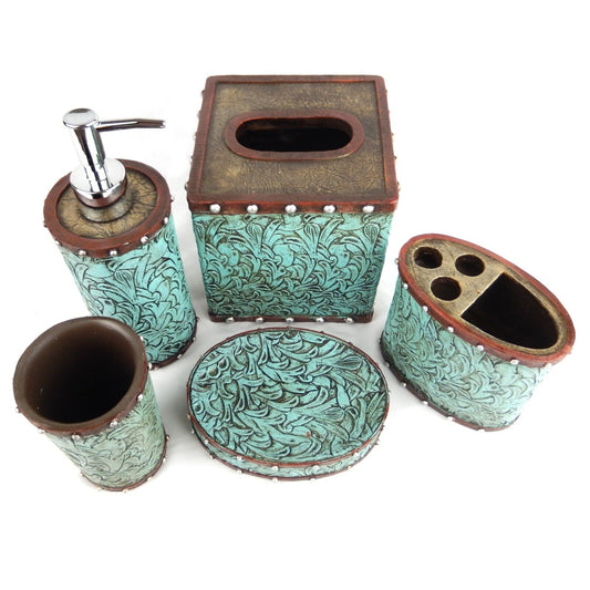 Turquoise Floral Studs Bathroom Accessory Set 5 Pieces Rustic Western Decor