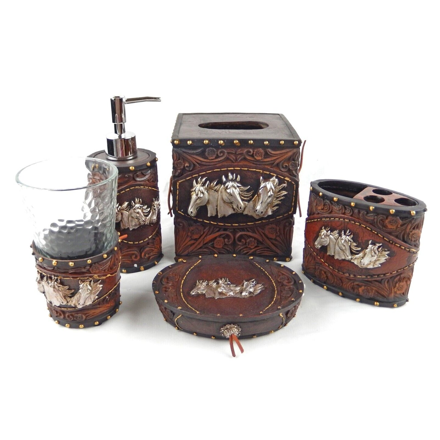 Horses Floral Concho Bathroom Accessory Set 5 Pieces Rustic Western Decor Brown
