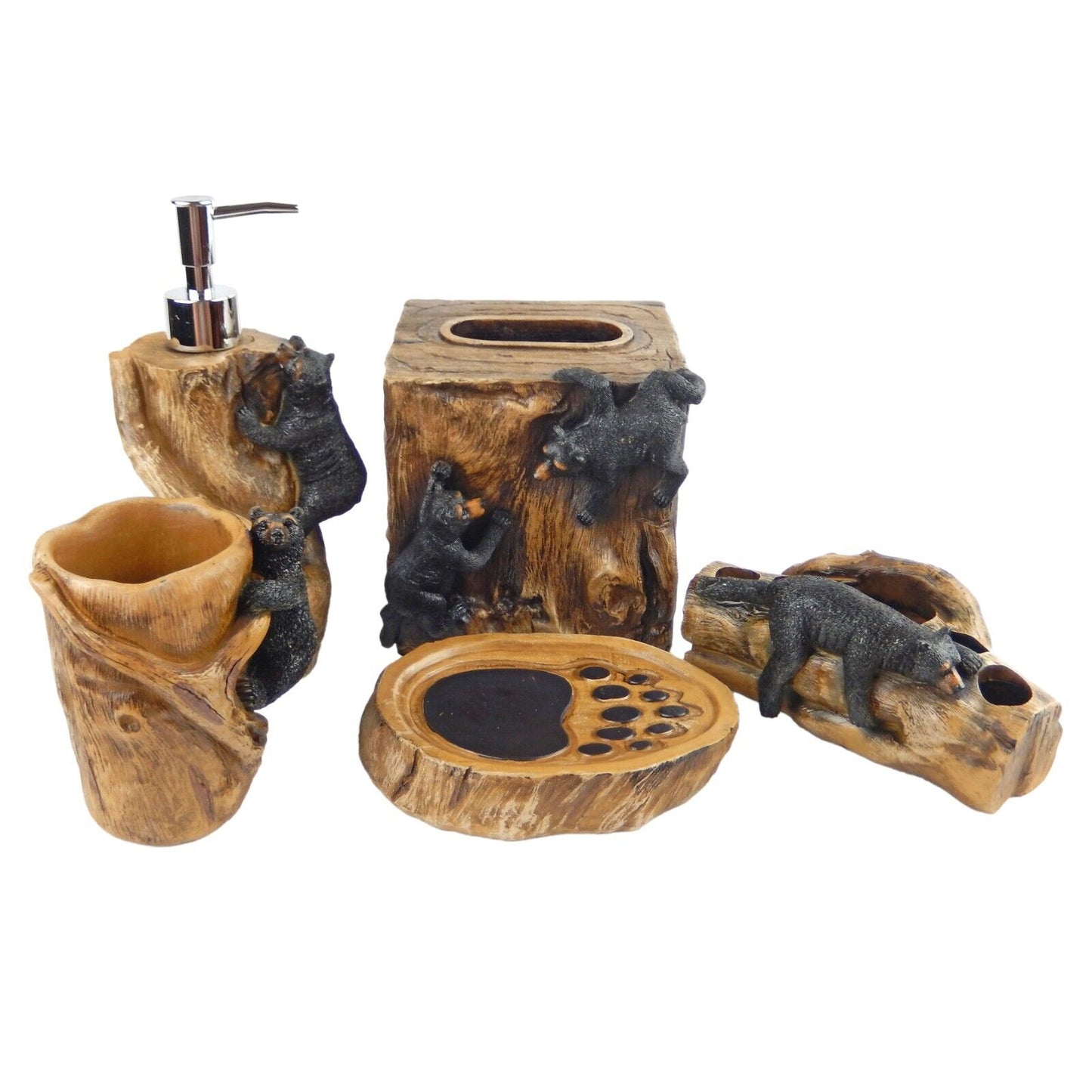 Black Bear Wood Look Bathroom Accessory Set 5 Pieces Rustic Cabin Decor Brown
