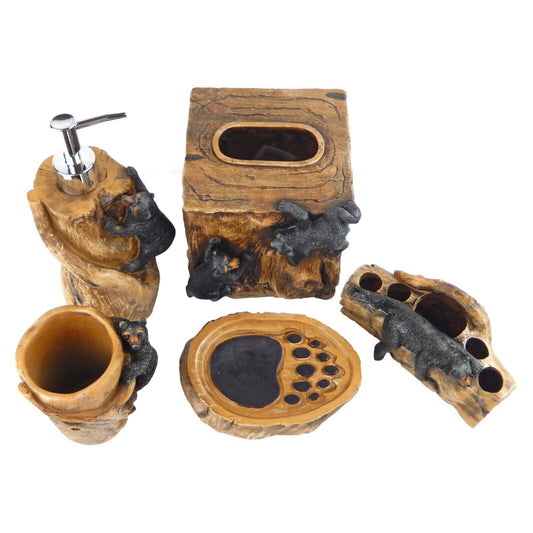 Black Bear Wood Look Bathroom Accessory Set 5 Pieces Rustic Cabin Decor Brown