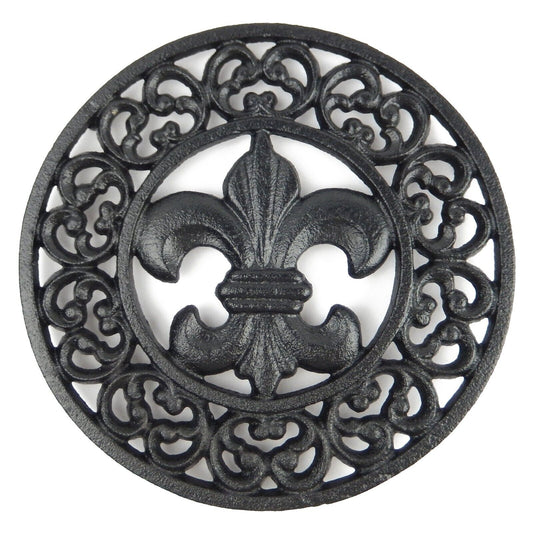 Cast Iron Fleur De Lis Hot Pot Plate Trivet Floral Victorian Style Black 7 3/4"